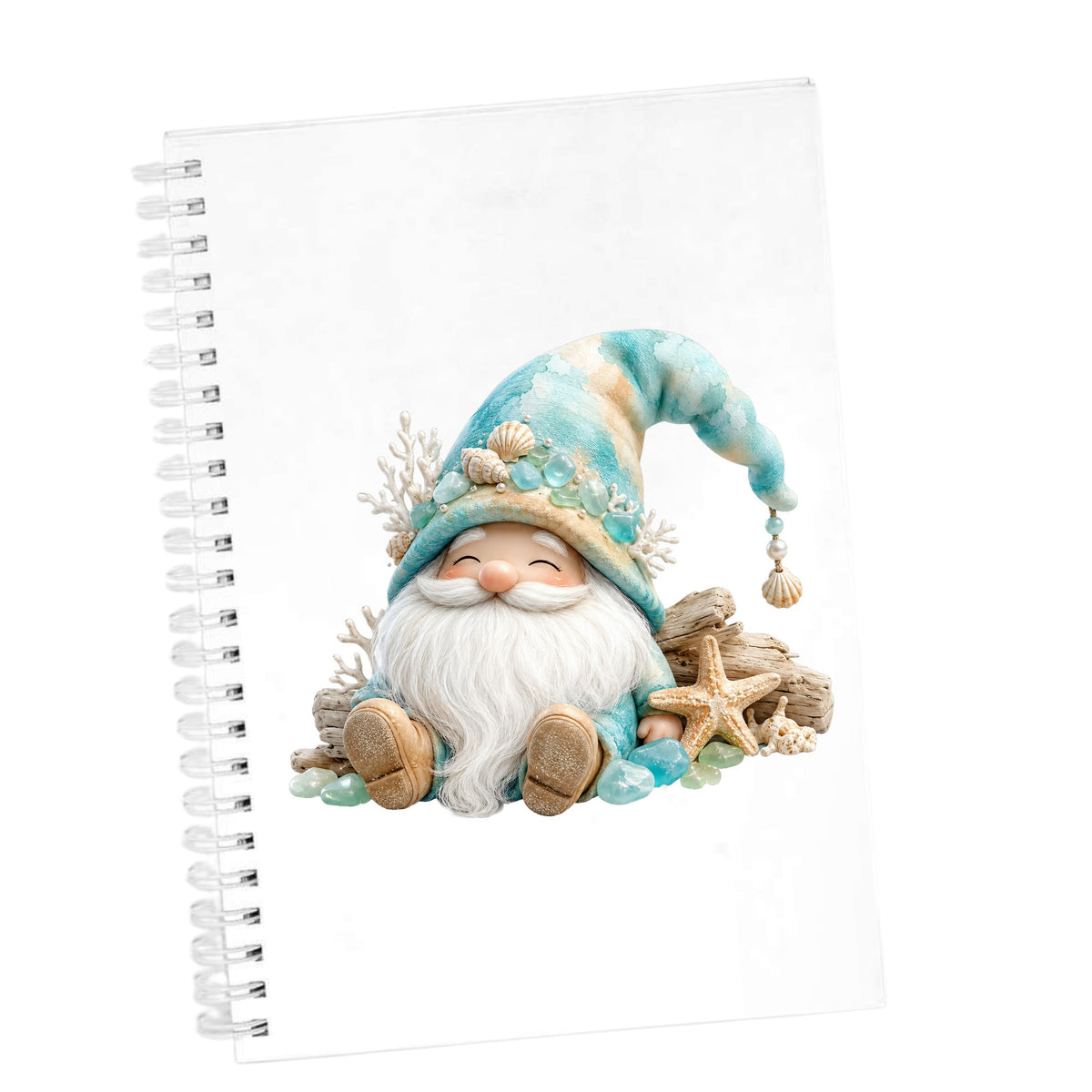 Beach Gnome With Seashells UV DTF sticker applied to the cover of a white spiral journal