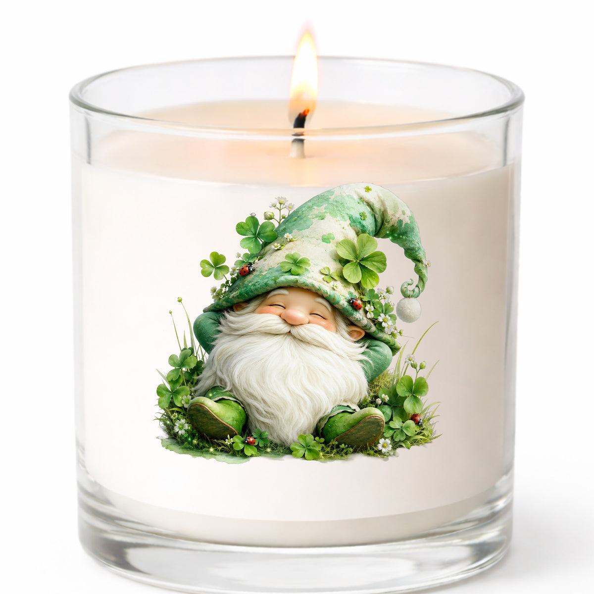 Shamrock Clover Gnome UV DTF sticker applied to a white candle in a clear glass jar