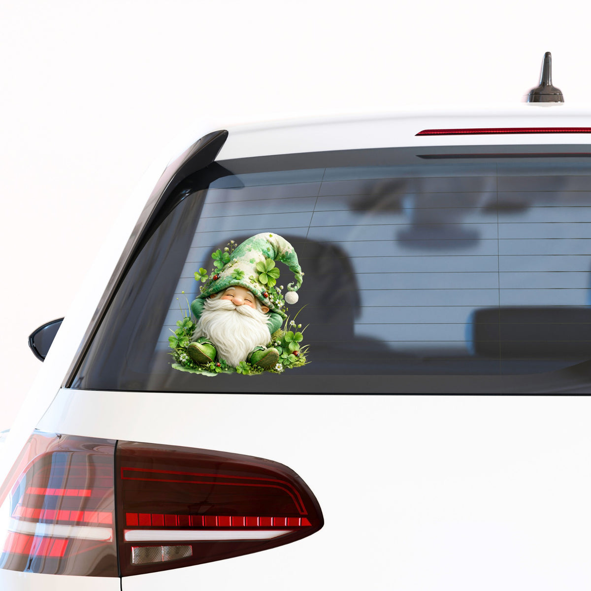 Shamrock Clover Gnome UV DTF sticker applied to the rear window of a white car