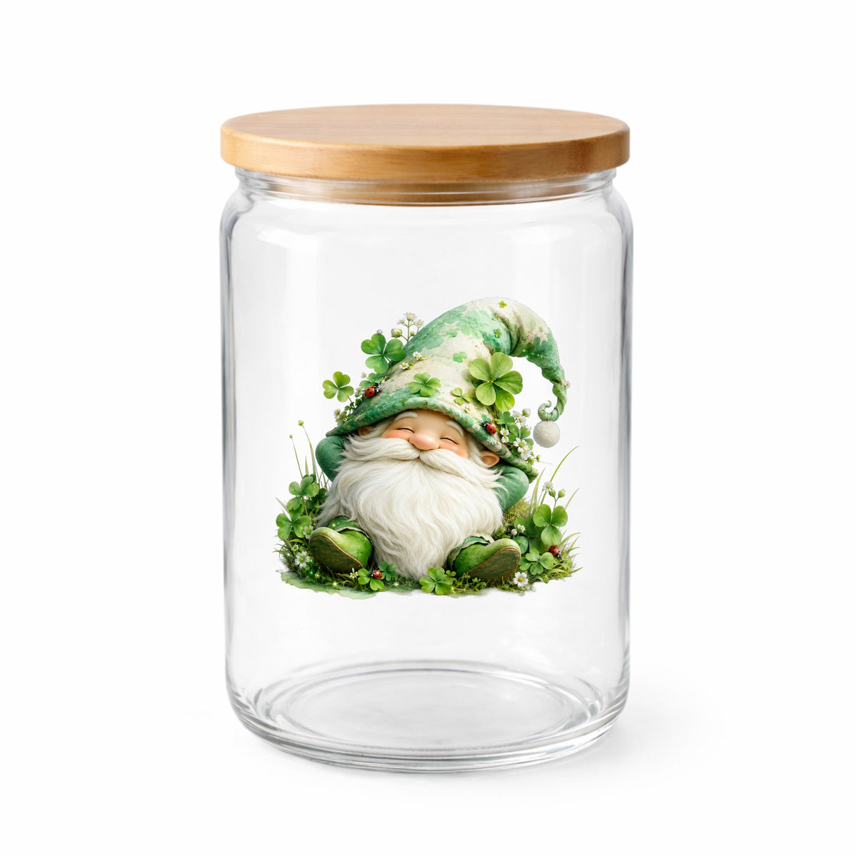 Shamrock Clover Gnome UV DTF sticker applied to a clear glass jar with a wooden lid