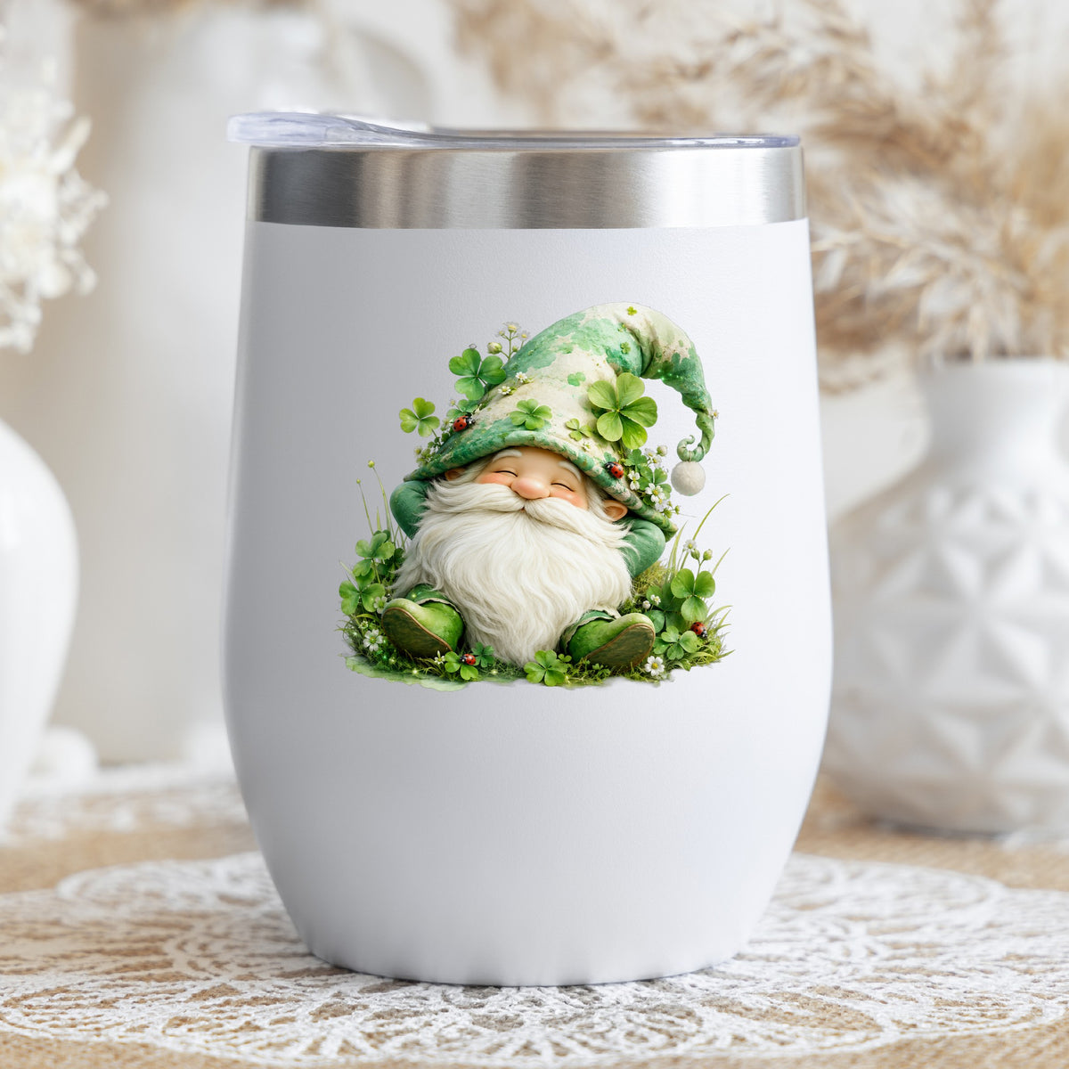 Shamrock Clover Gnome UV DTF sticker applied to a white stemless tumbler with a lid