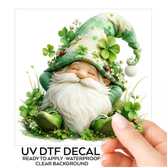 Shamrock Clover Gnome UV DTF sticker on its backing card, held in hand