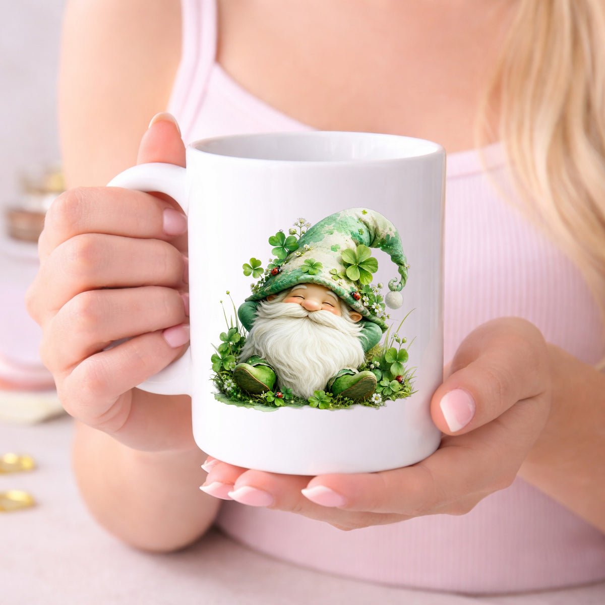 Shamrock Clover Gnome UV DTF sticker applied to a white coffee mug held in both hands