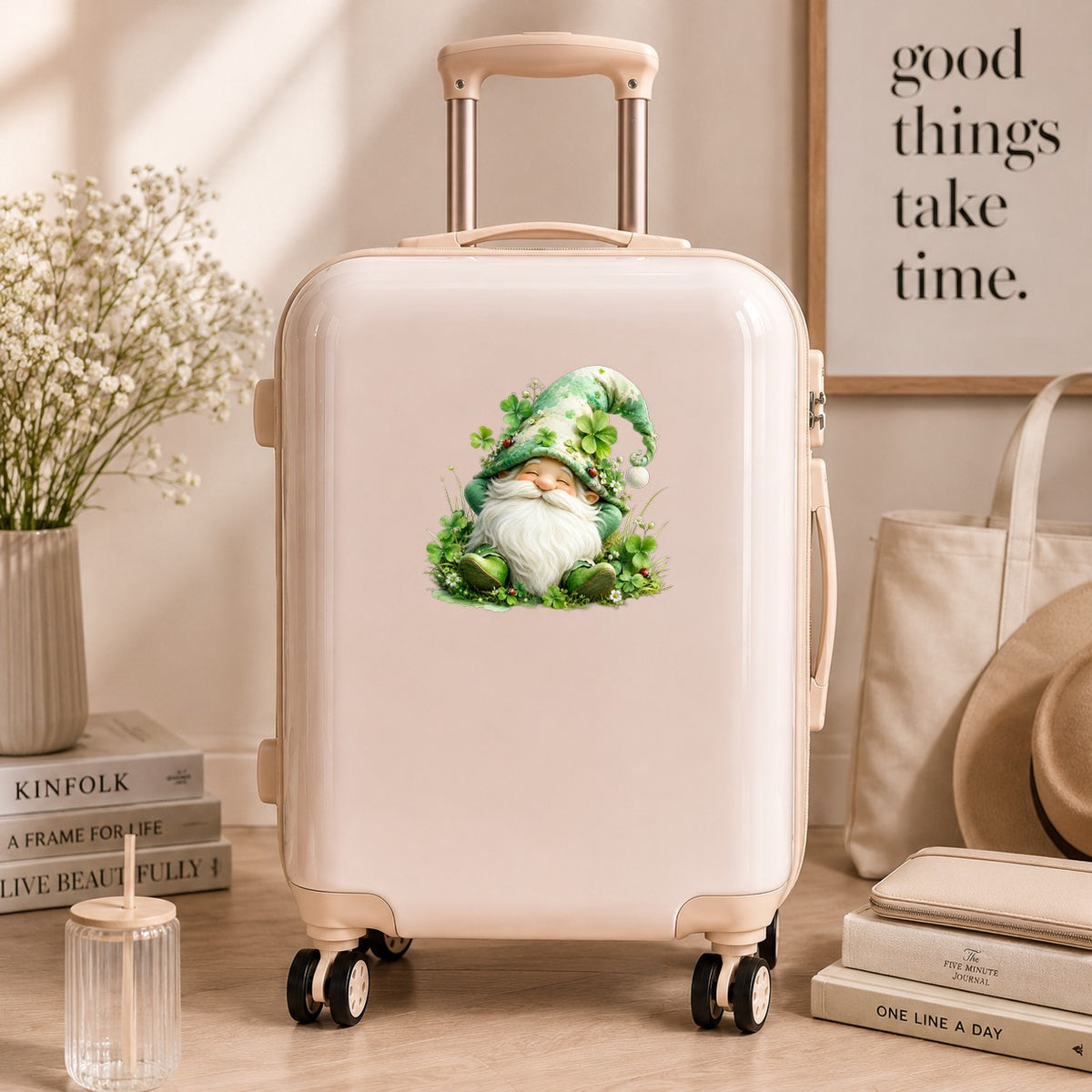 Shamrock Clover Gnome UV DTF sticker applied to a cream carry-on suitcase