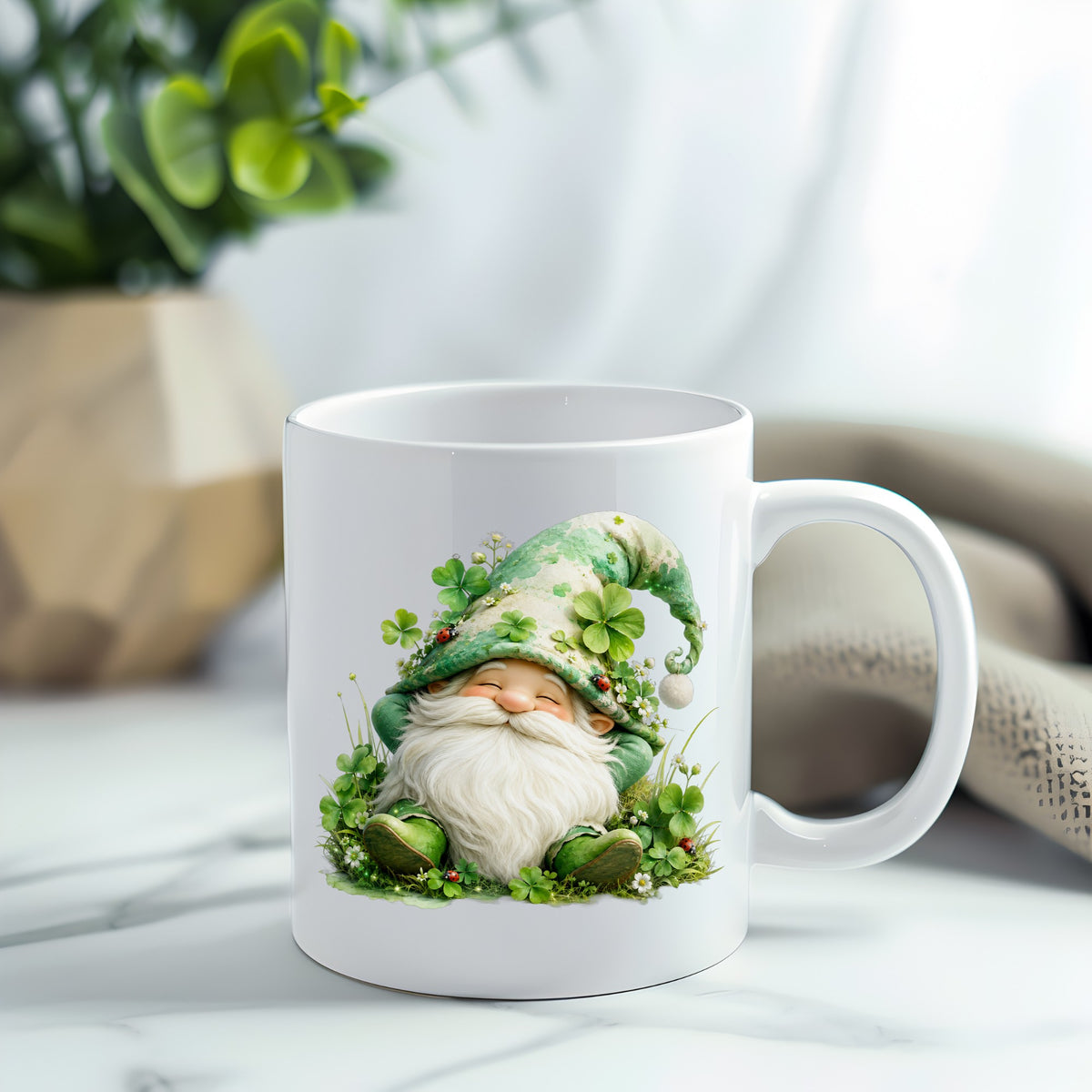 Shamrock Clover Gnome UV DTF sticker applied to a white coffee mug
