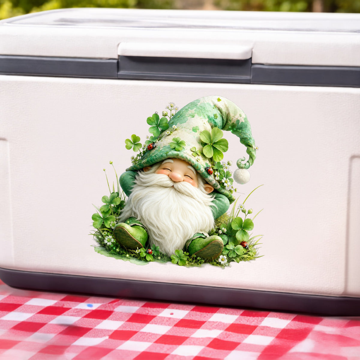 Shamrock Clover Gnome UV DTF sticker applied to a white cooler on a red gingham cloth