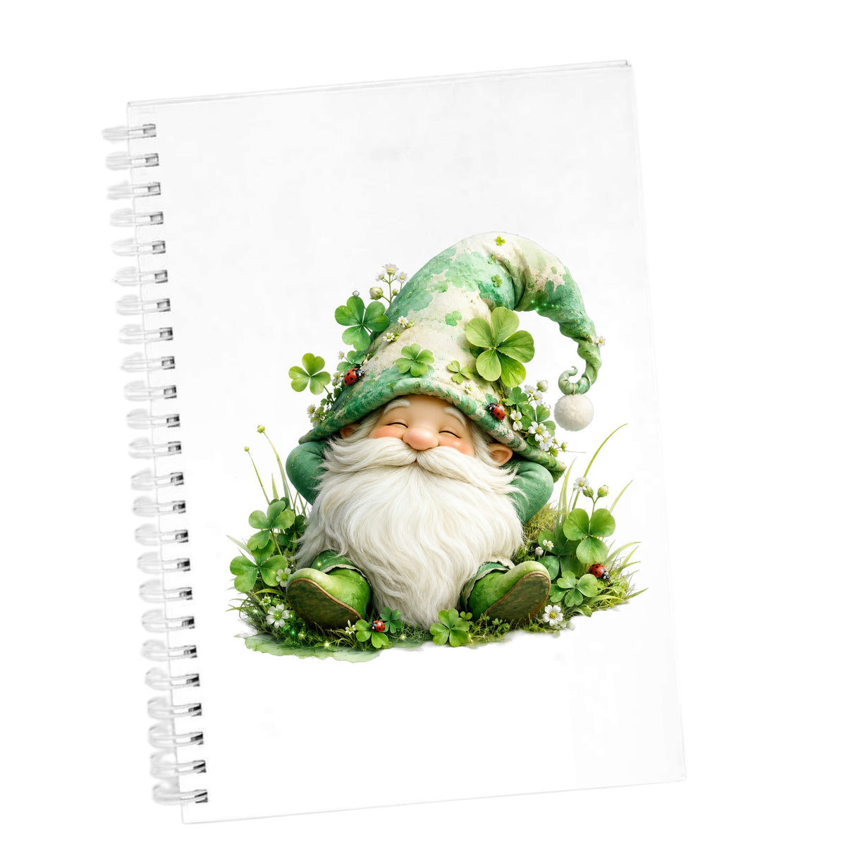 Shamrock Clover Gnome UV DTF sticker applied to the cover of a white spiral journal