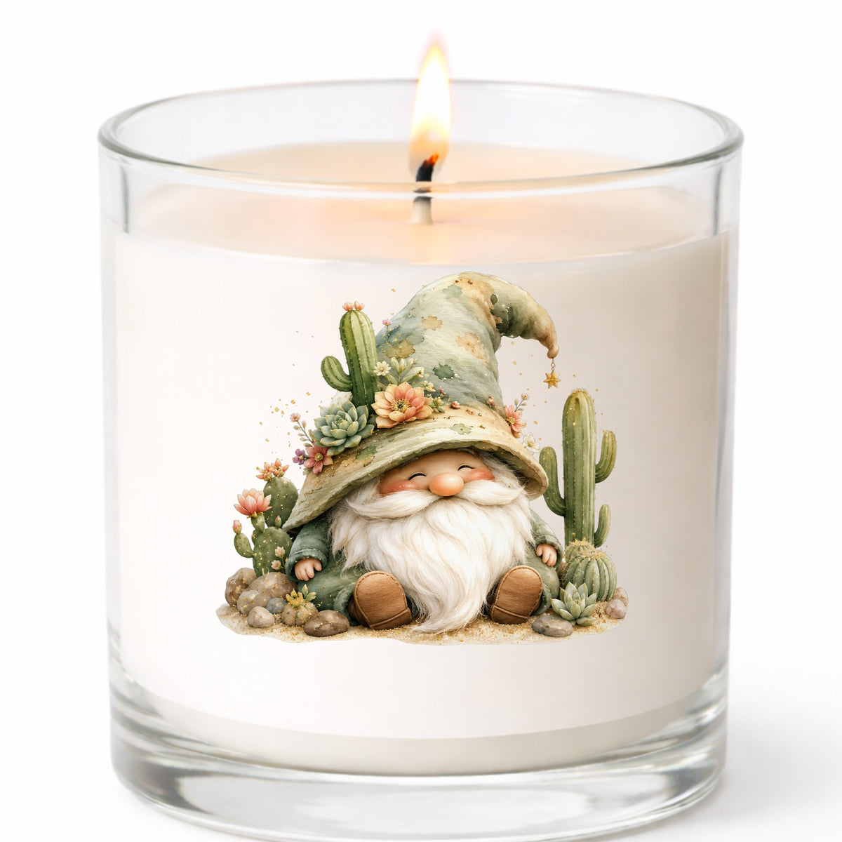 Cactus Succulent Gnome UV DTF sticker applied to a white candle in a clear glass jar