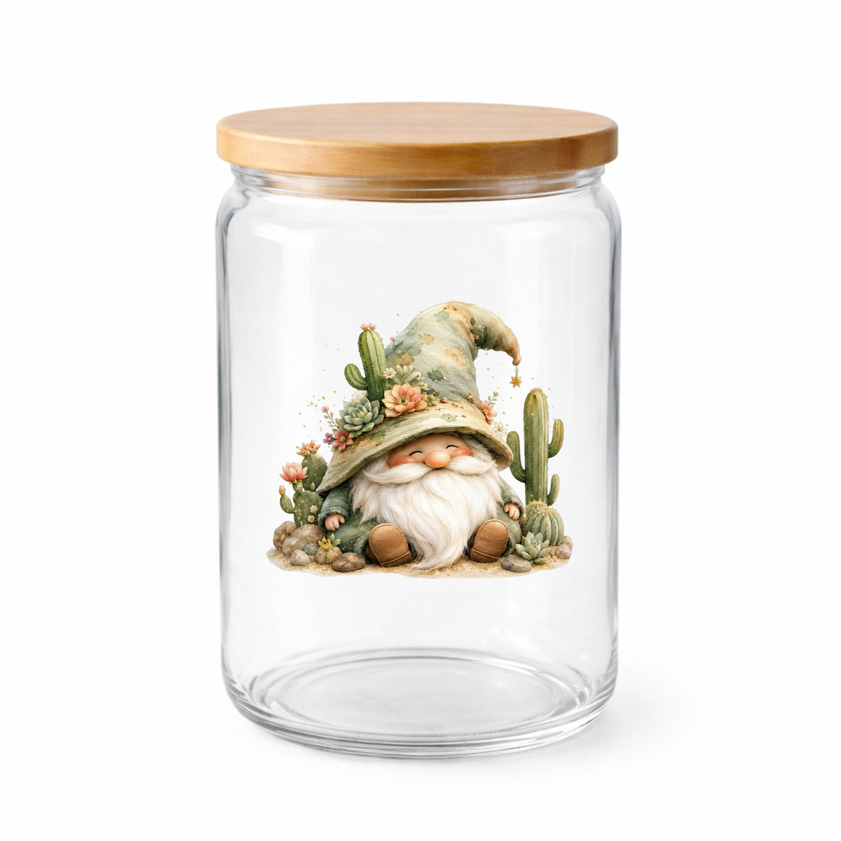 Cactus Succulent Gnome UV DTF sticker applied to a clear glass jar with a wooden lid