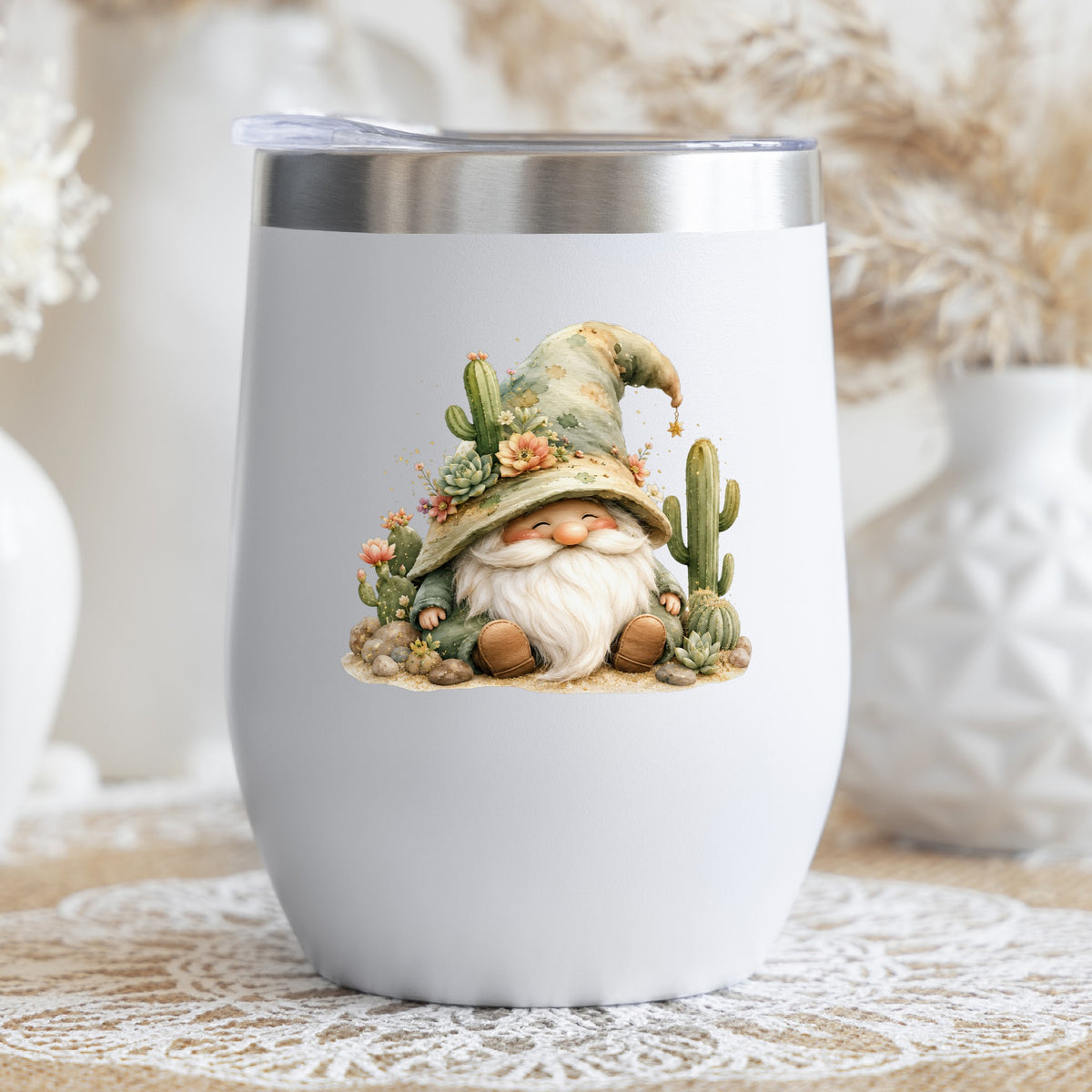 Cactus Succulent Gnome UV DTF sticker applied to a white stemless tumbler with a lid
