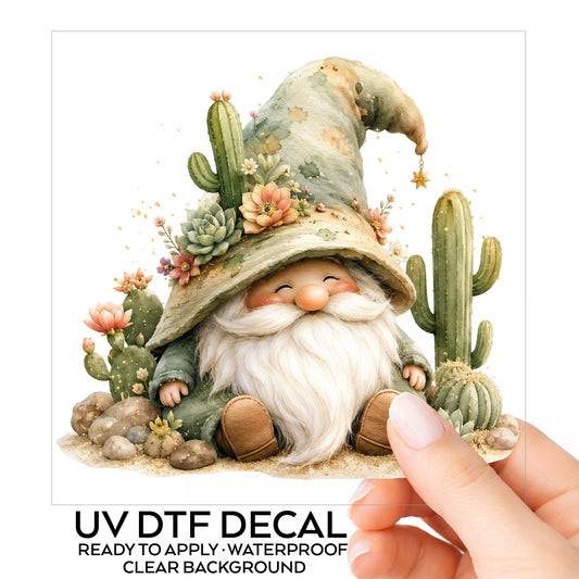 Cactus Succulent Gnome UV DTF sticker on its backing card, held in hand
