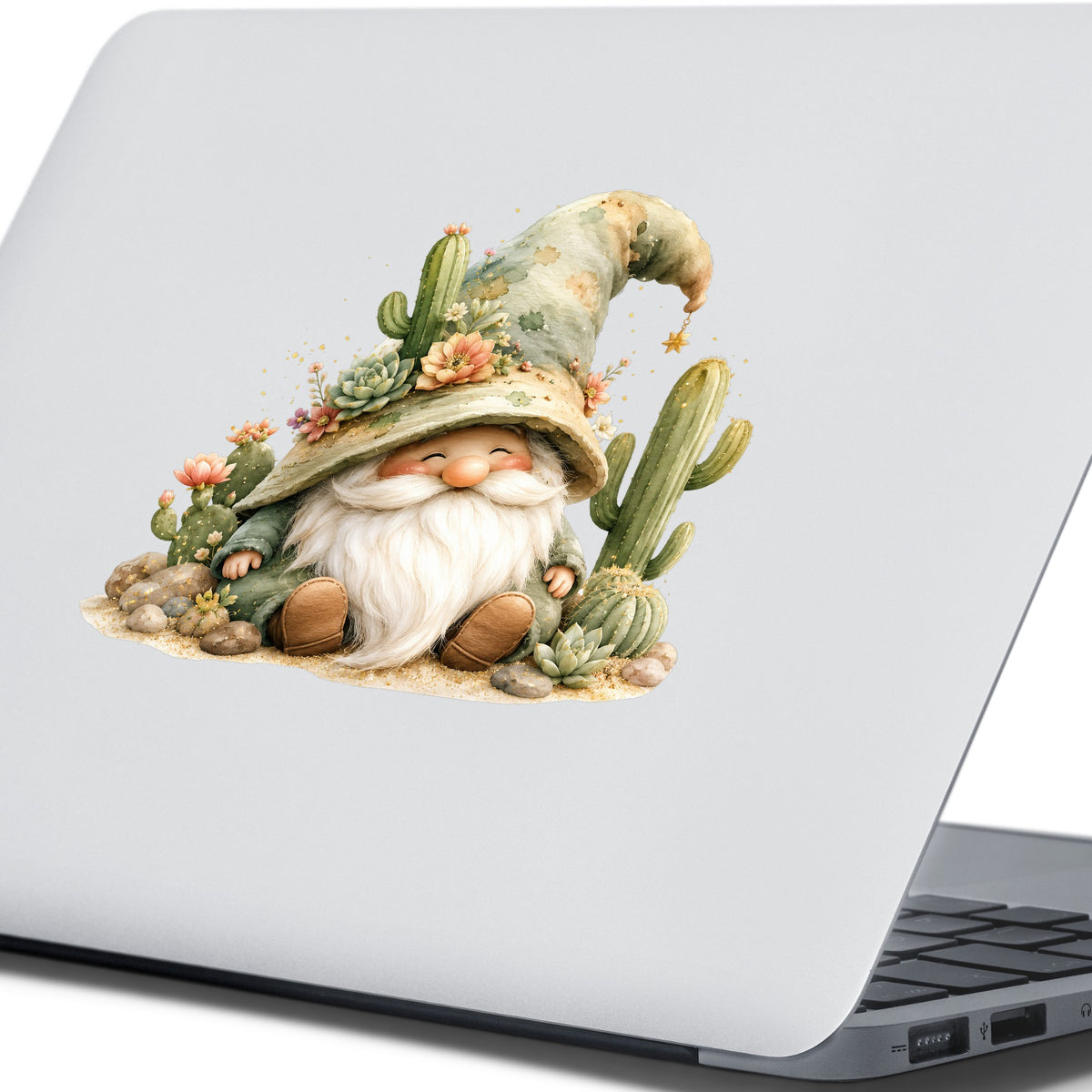 Cactus Succulent Gnome UV DTF sticker applied to the lid of a silver laptop