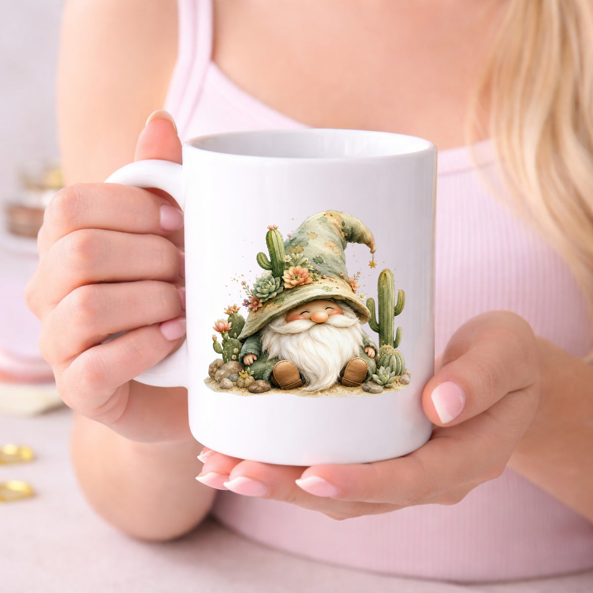 Cactus Succulent Gnome UV DTF sticker applied to a white coffee mug held in both hands