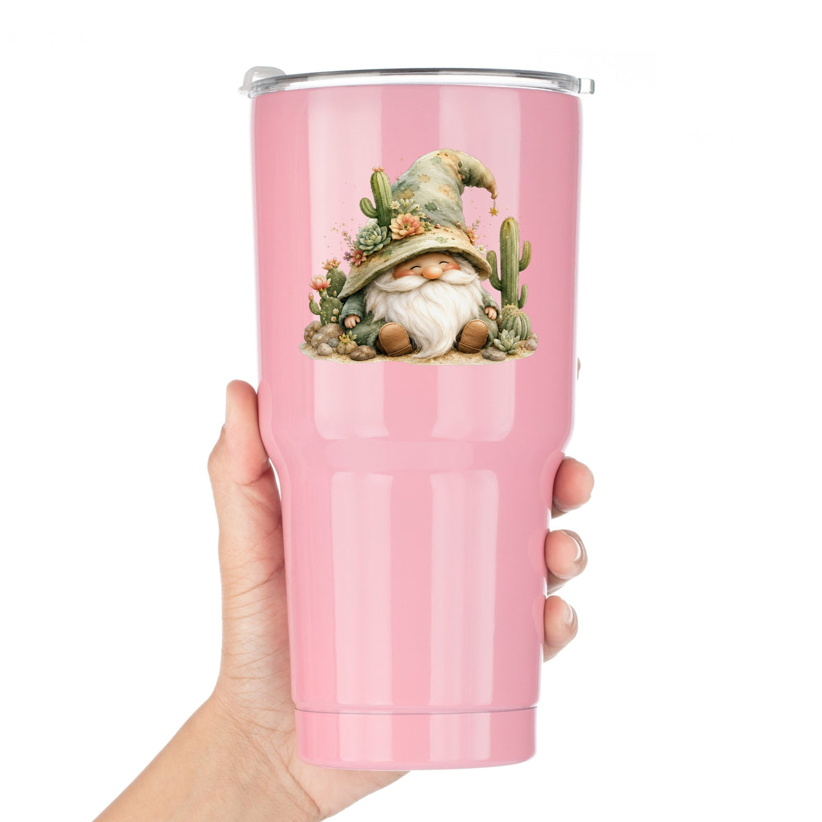 Cactus Succulent Gnome UV DTF sticker applied to a pink tumbler held against a white background