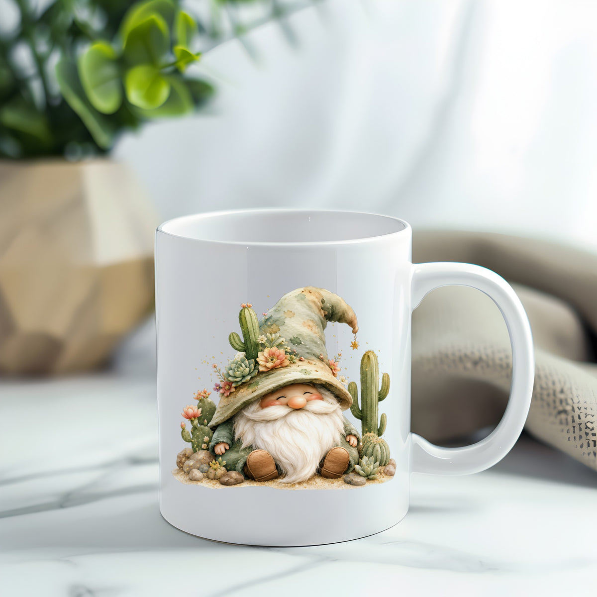 Cactus Succulent Gnome UV DTF sticker applied to a white coffee mug