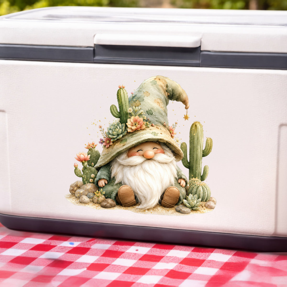 Cactus Succulent Gnome UV DTF sticker applied to a white cooler on a red gingham cloth