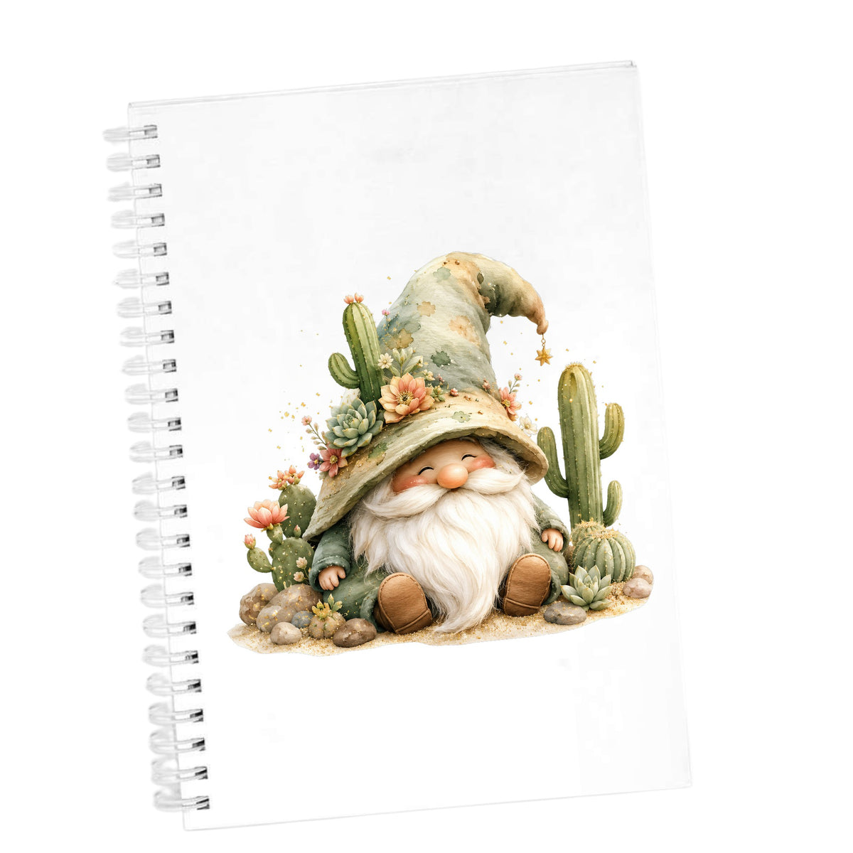 Cactus Succulent Gnome UV DTF sticker applied to the cover of a white spiral journal