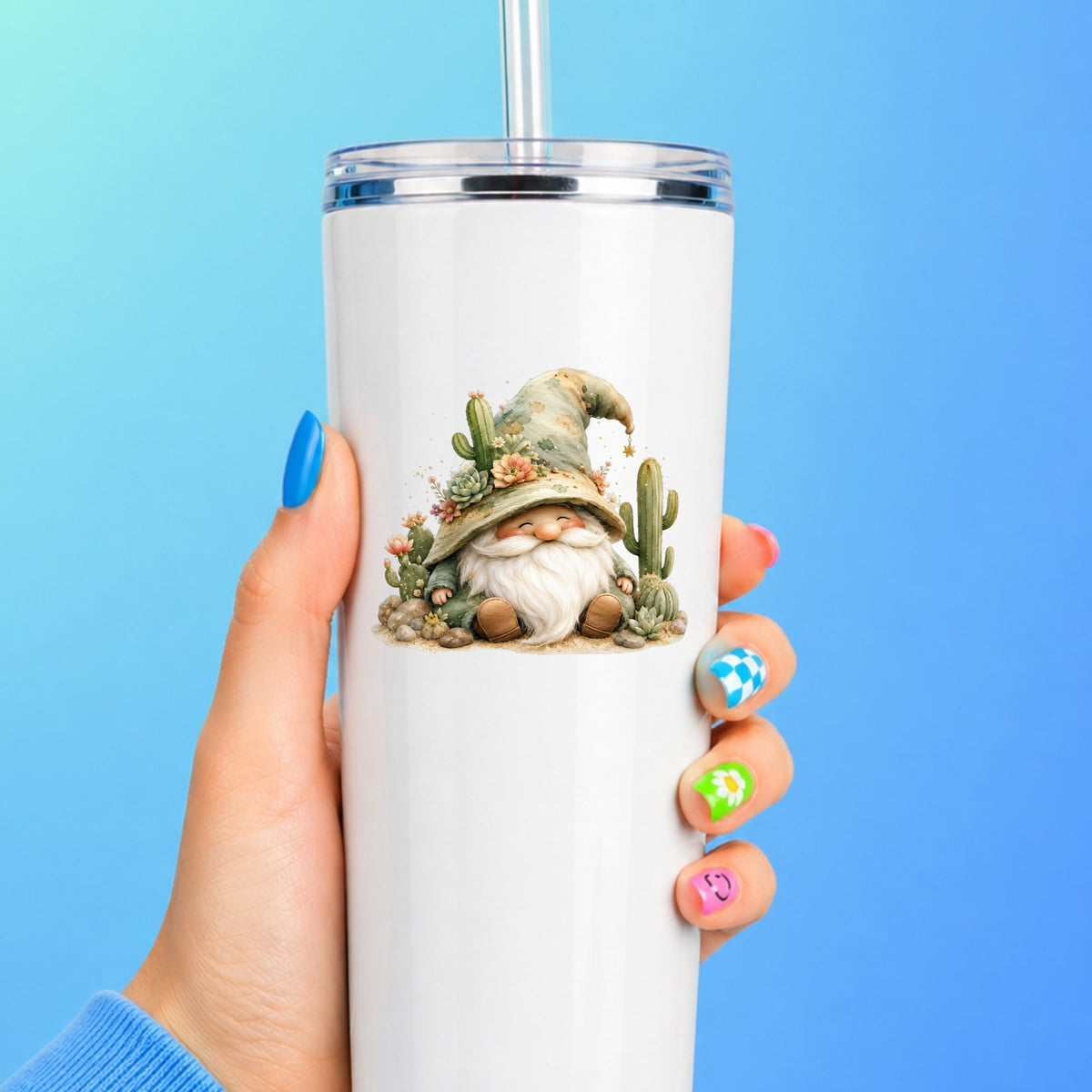 Cactus Succulent Gnome UV DTF sticker applied to a white straw tumbler on a blue background