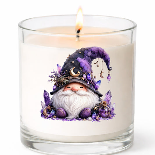 Amethyst Crystal Gnome UV DTF sticker applied to a white candle in a clear glass jar