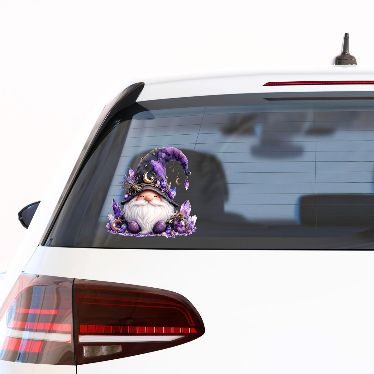 Amethyst Crystal Gnome UV DTF sticker applied to the rear window of a white car