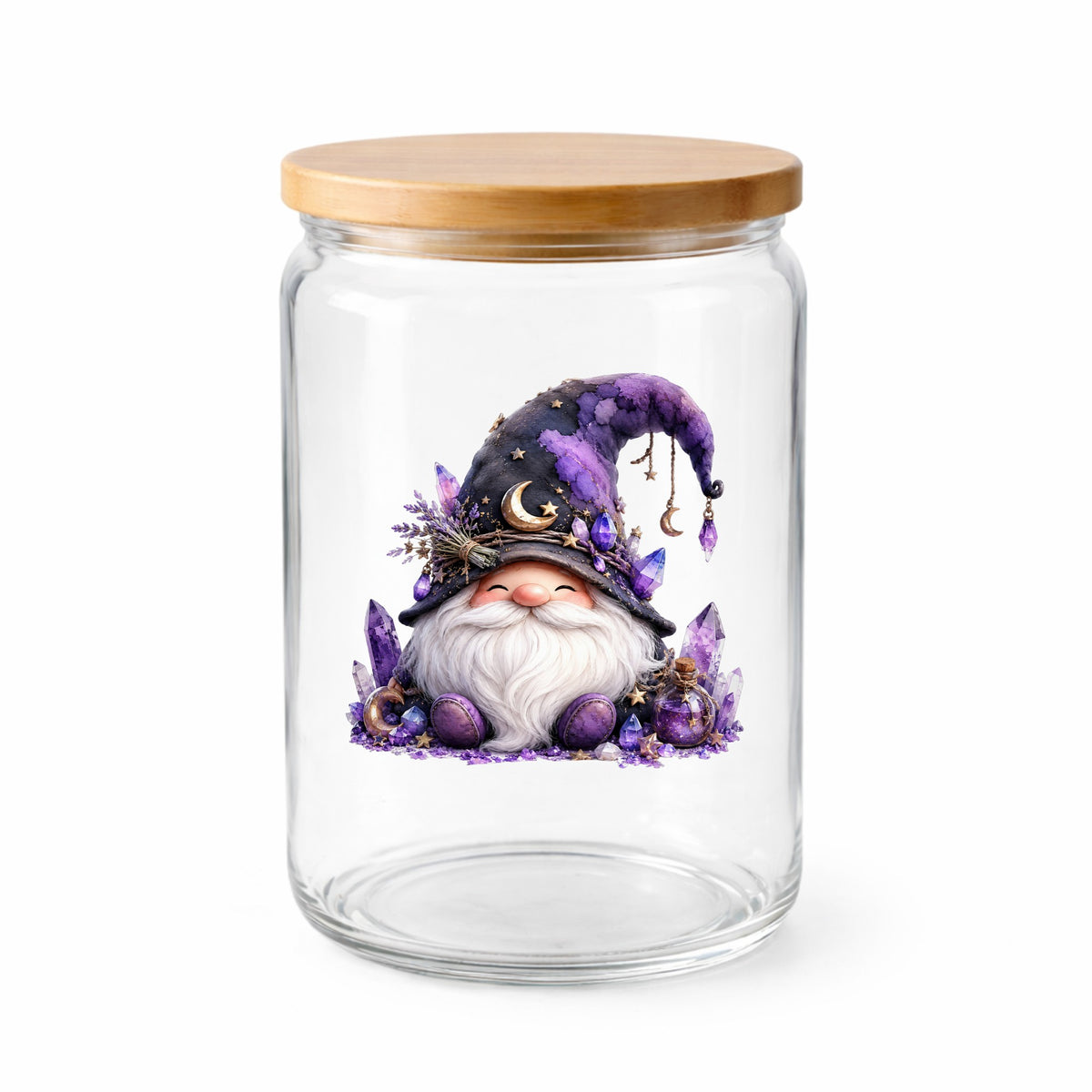 Amethyst Crystal Gnome UV DTF sticker applied to a clear glass jar with a wooden lid