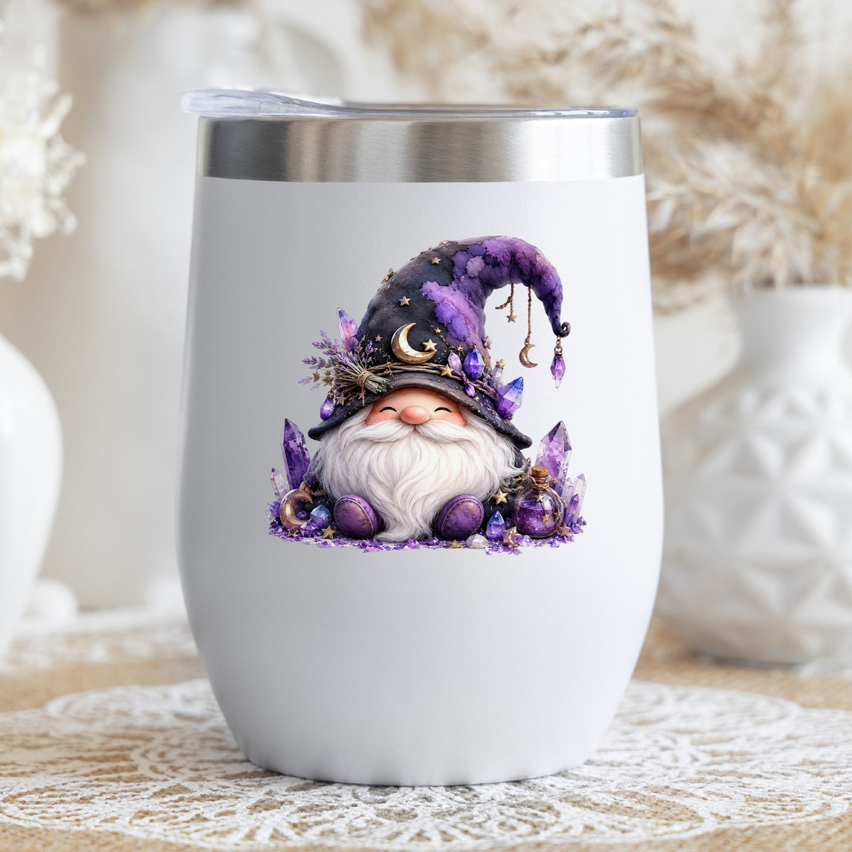 Amethyst Crystal Gnome UV DTF sticker applied to a white stemless tumbler with a lid
