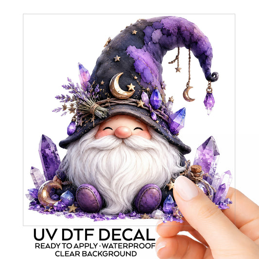 Amethyst Crystal Gnome UV DTF sticker on its backing card, held in hand
