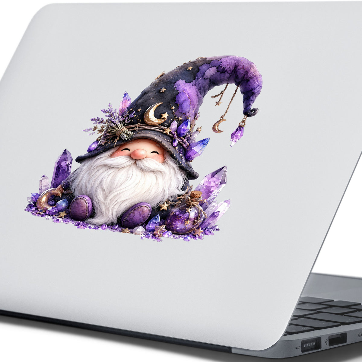 Amethyst Crystal Gnome UV DTF sticker applied to the lid of a silver laptop
