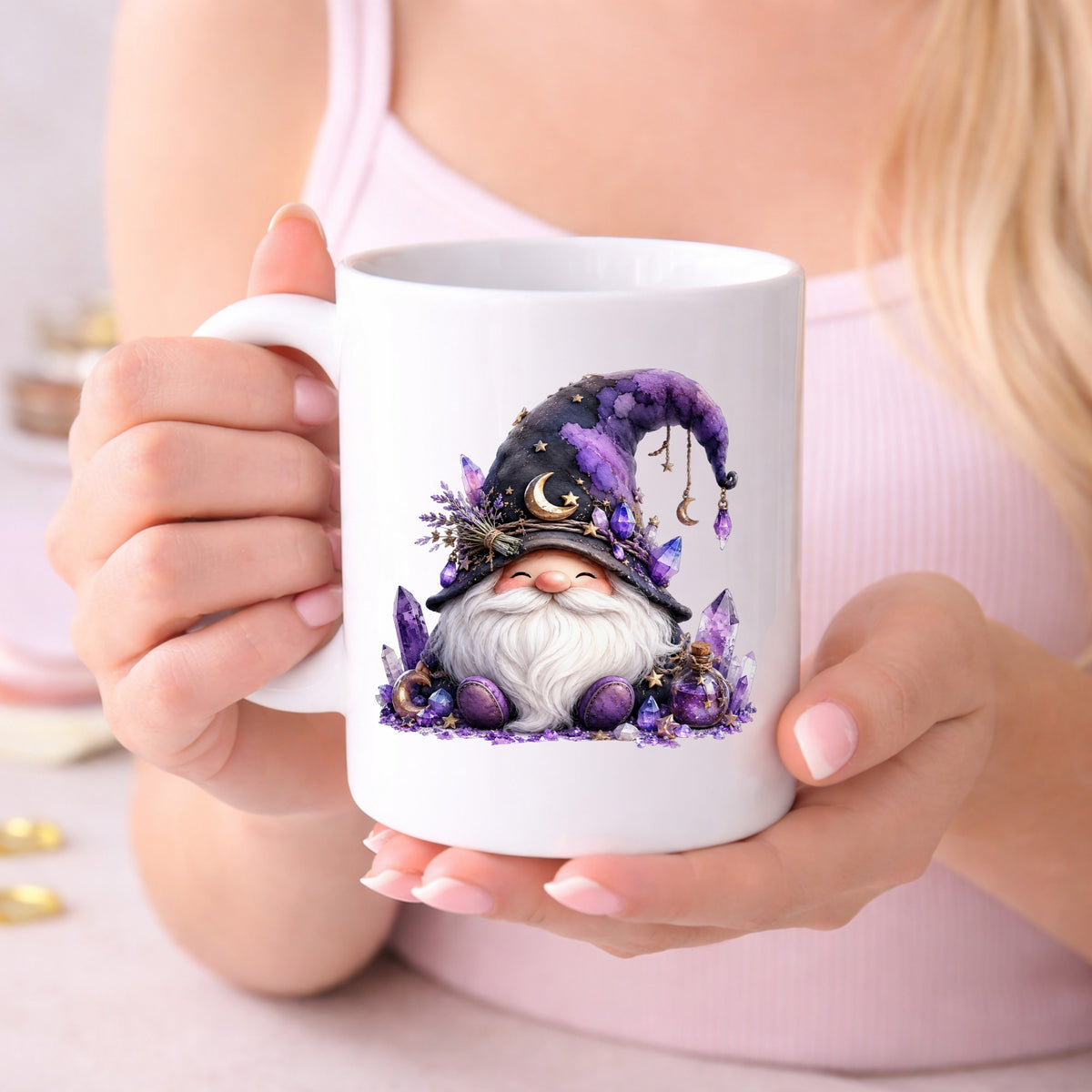 Amethyst Crystal Gnome UV DTF sticker applied to a white coffee mug held in both hands