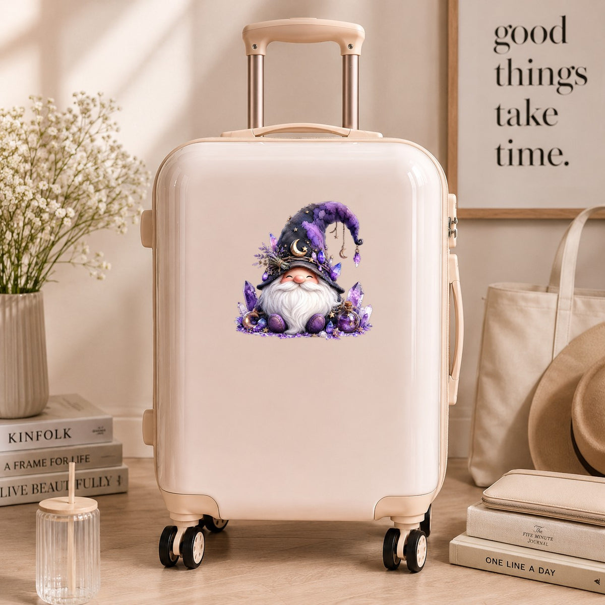 Amethyst Crystal Gnome UV DTF sticker applied to a cream carry-on suitcase