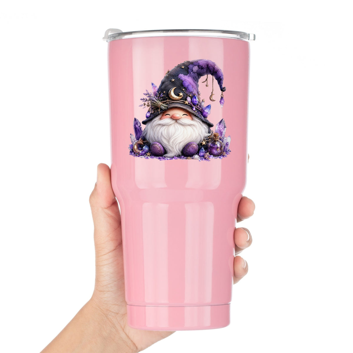 Amethyst Crystal Gnome UV DTF sticker applied to a pink tumbler held against a white background