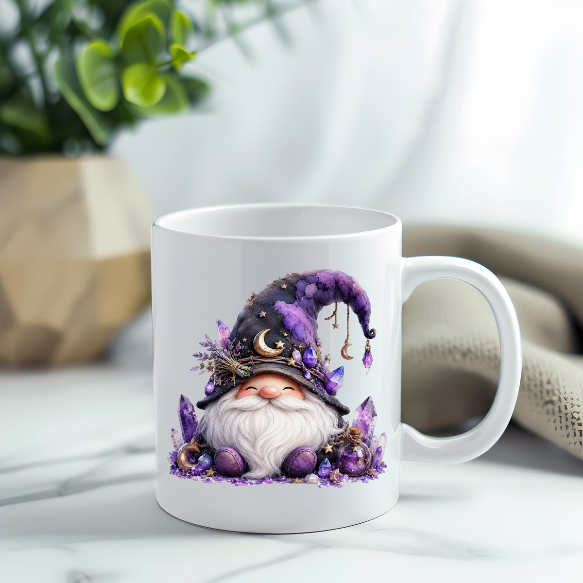 Amethyst Crystal Gnome UV DTF sticker applied to a white coffee mug