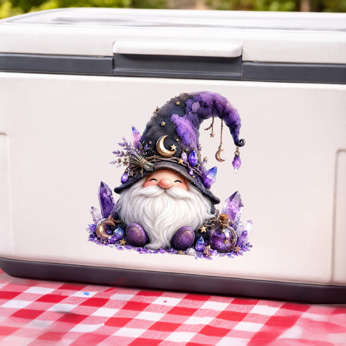 Amethyst Crystal Gnome UV DTF sticker applied to a white cooler on a red gingham cloth