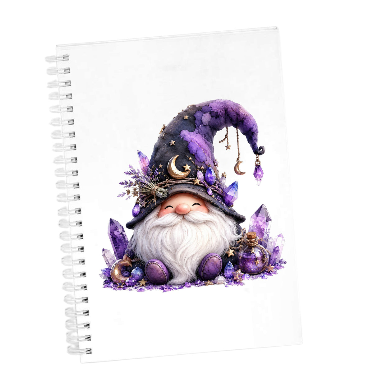 Amethyst Crystal Gnome UV DTF sticker applied to the cover of a white spiral journal