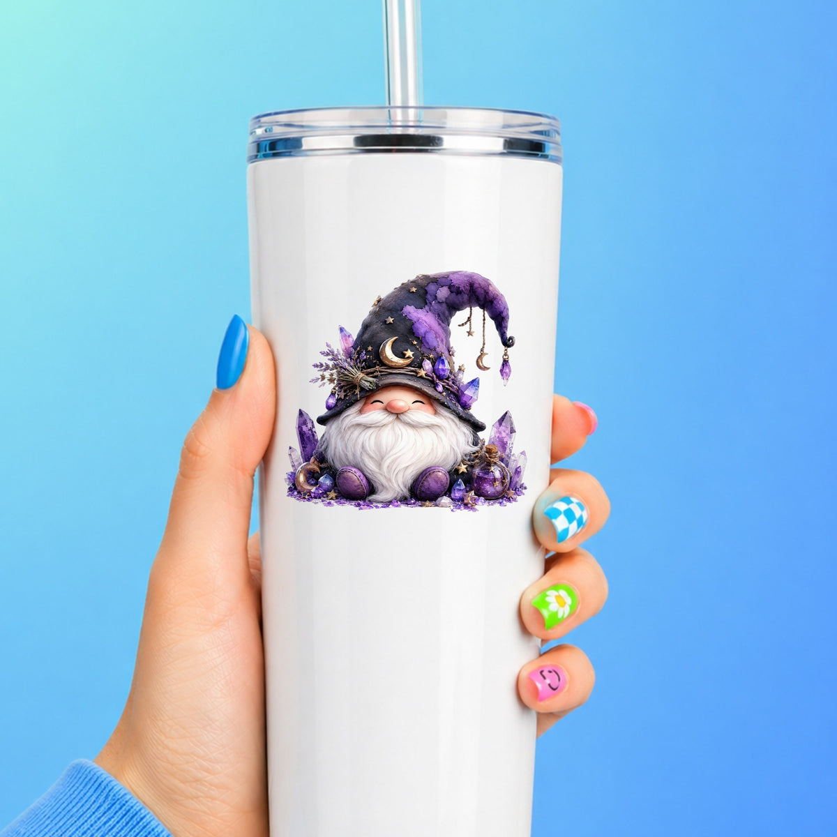 Amethyst Crystal Gnome UV DTF sticker applied to a white straw tumbler on a blue background