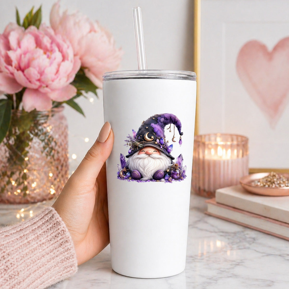Amethyst Crystal Gnome UV DTF sticker applied to a white straw tumbler beside pink peonies