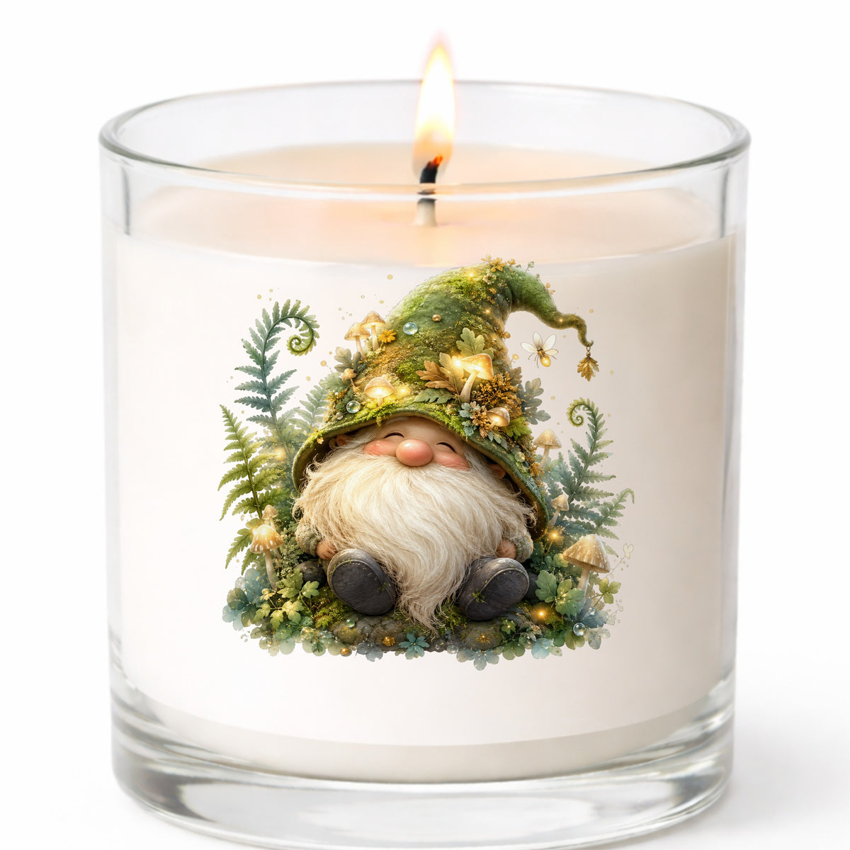 Mossy Forest Gnome UV DTF sticker applied to a white candle in a clear glass jar