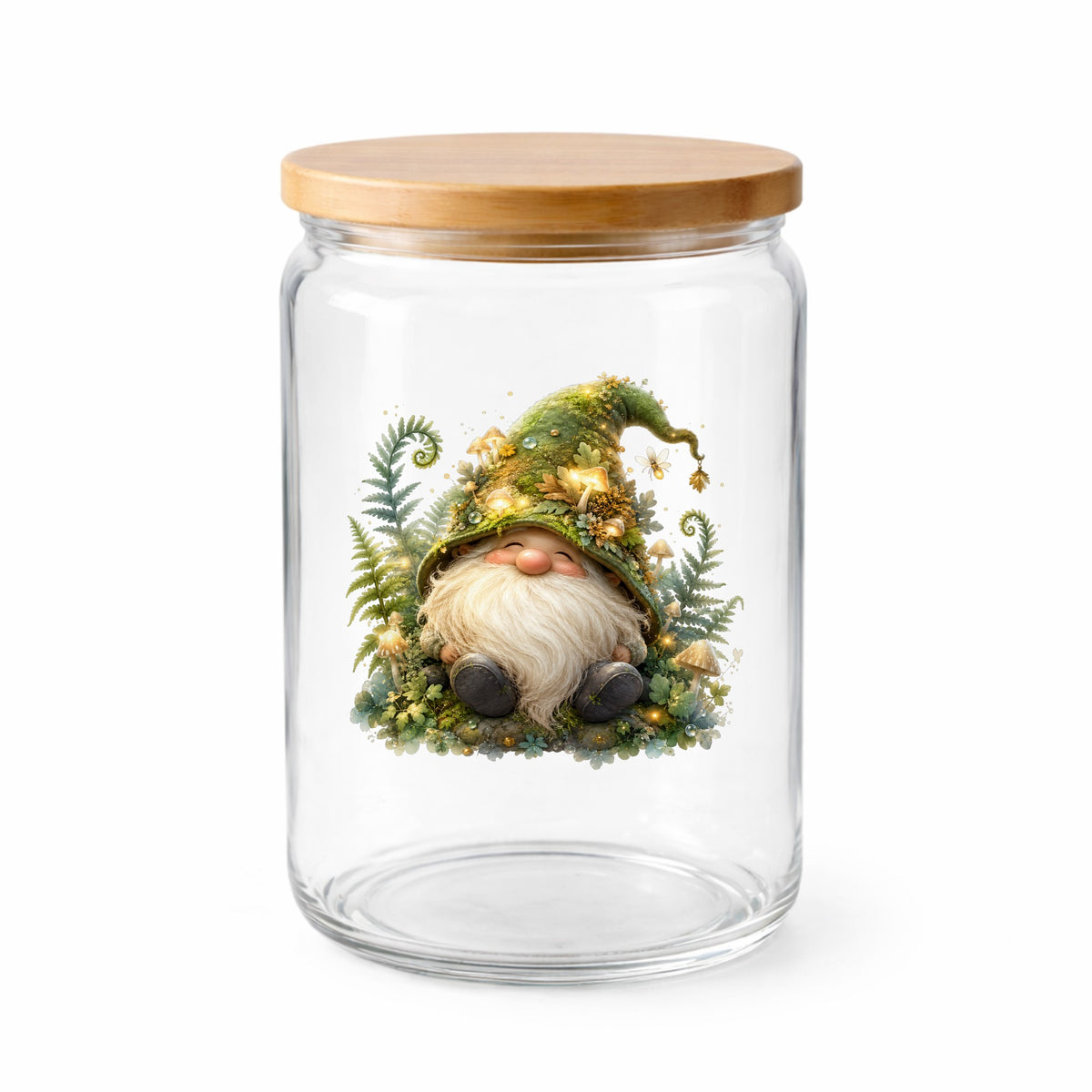 Mossy Forest Gnome UV DTF sticker applied to a clear glass jar with a wooden lid