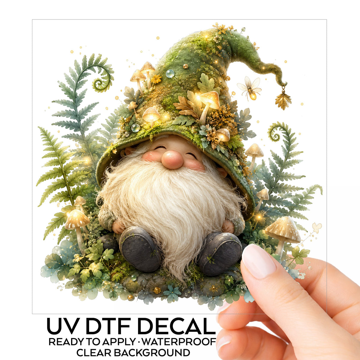 Mossy Forest Gnome UV DTF sticker on its backing card, held in hand