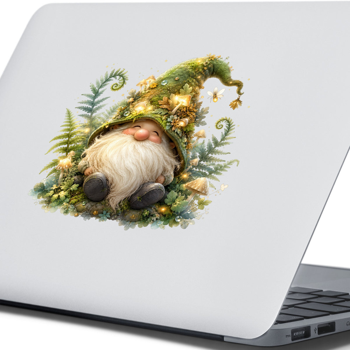 Mossy Forest Gnome UV DTF sticker applied to the lid of a silver laptop