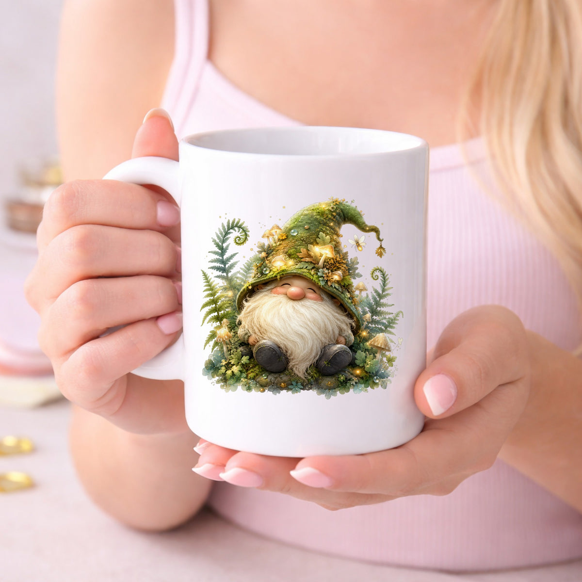 Mossy Forest Gnome UV DTF sticker applied to a white coffee mug held in both hands