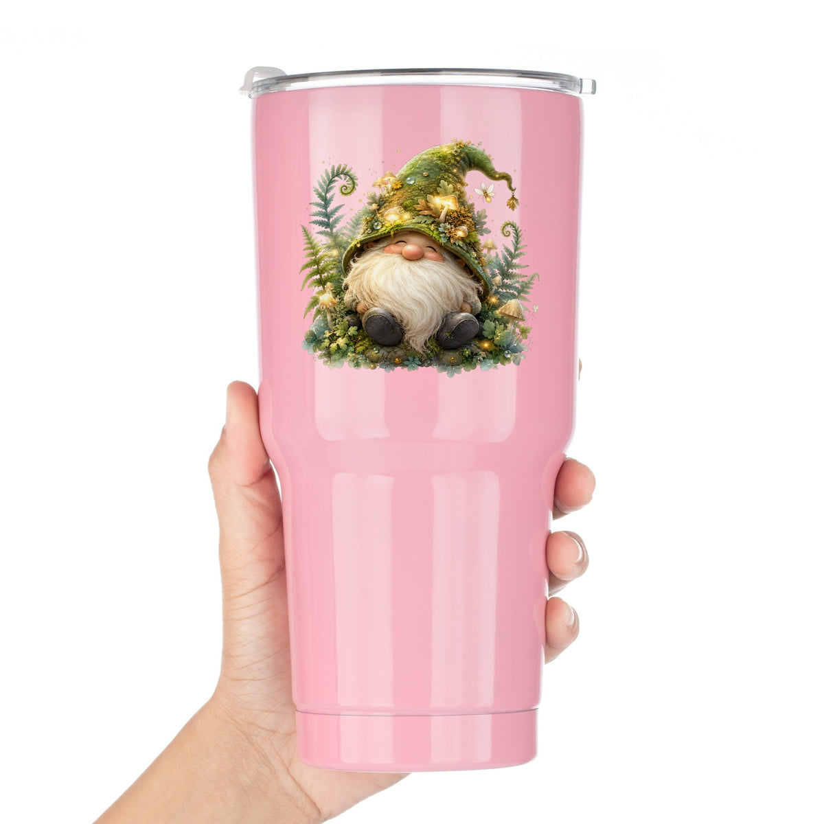 Mossy Forest Gnome UV DTF sticker applied to a pink tumbler held against a white background