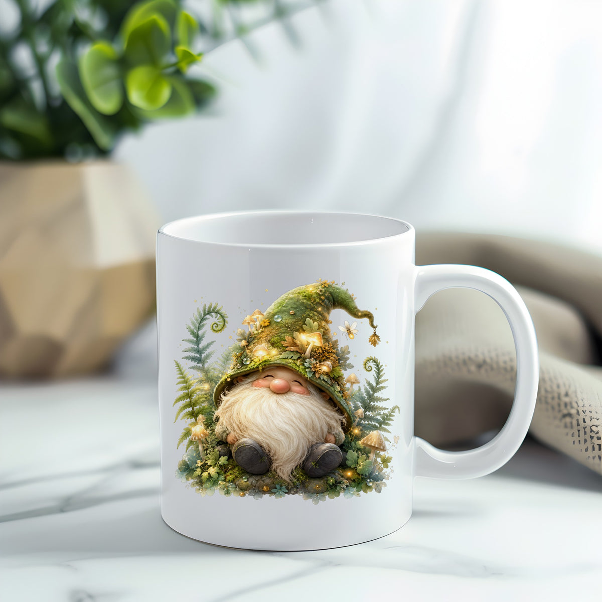 Mossy Forest Gnome UV DTF sticker applied to a white coffee mug