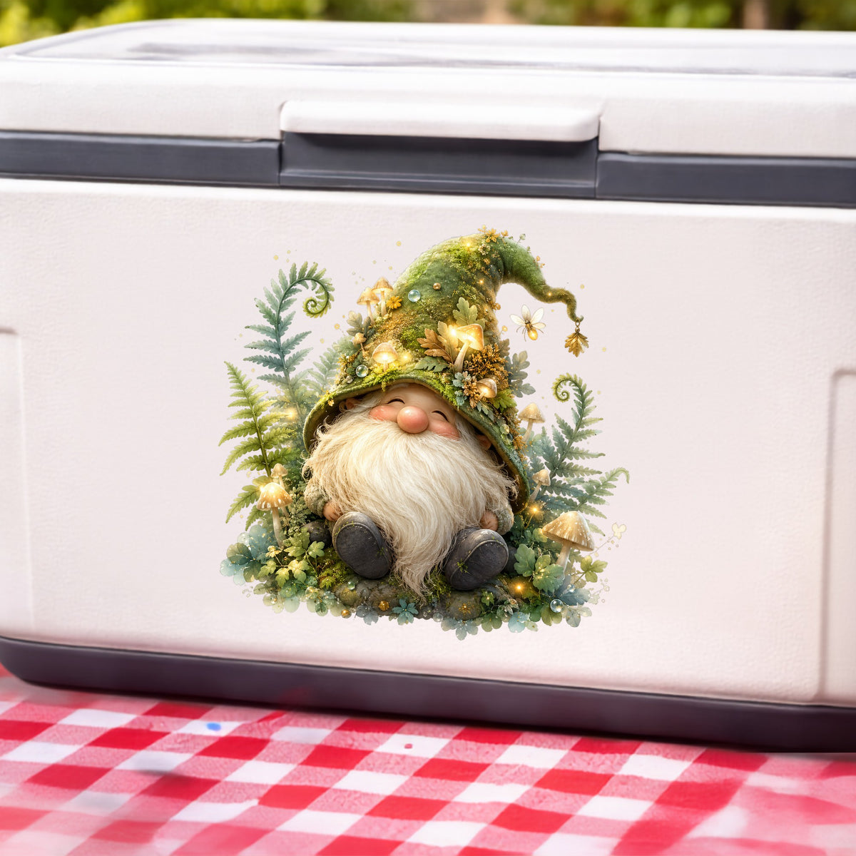 Mossy Forest Gnome UV DTF sticker applied to a white cooler on a red gingham cloth