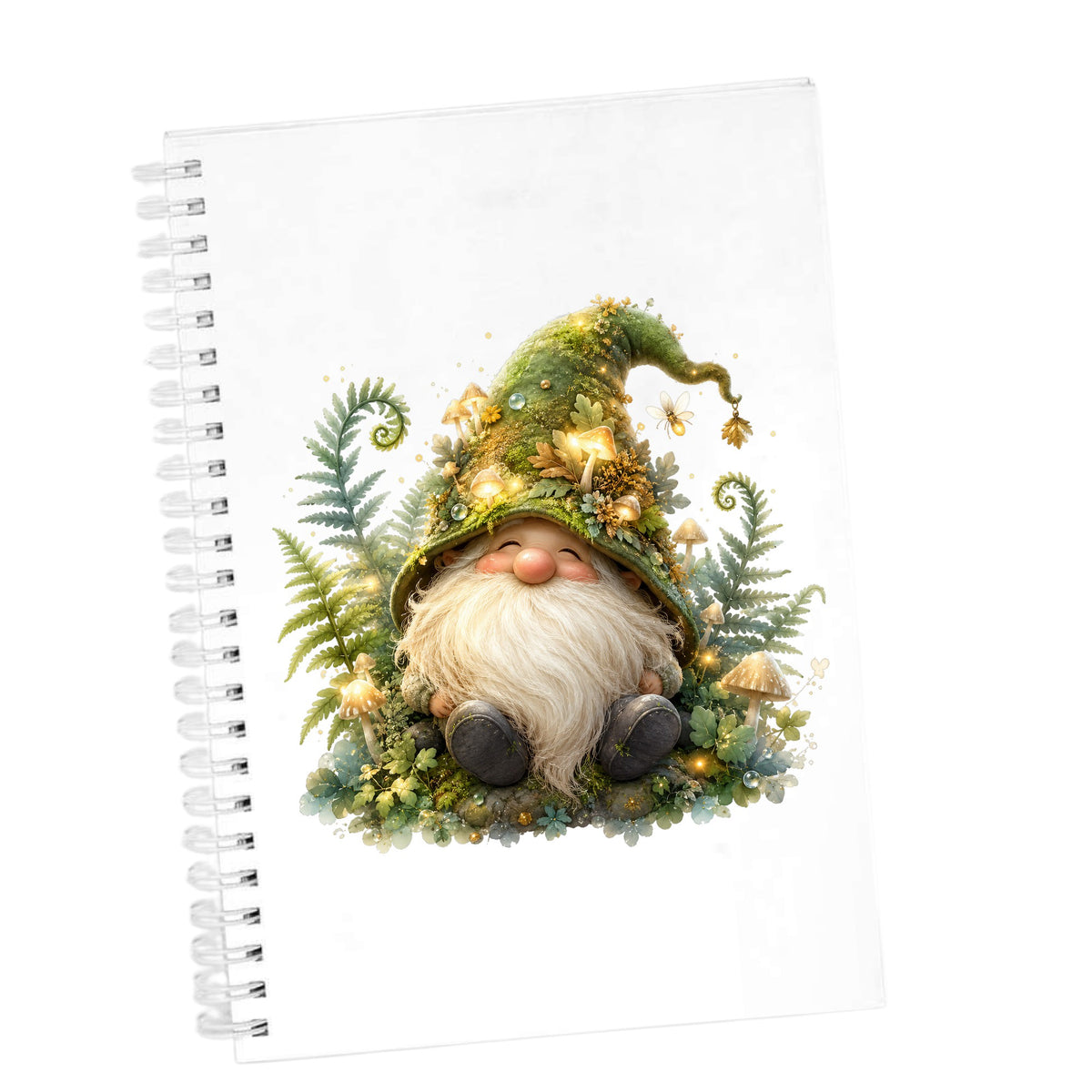 Mossy Forest Gnome UV DTF sticker applied to the cover of a white spiral journal