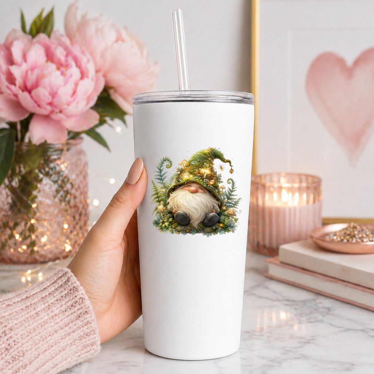 Mossy Forest Gnome UV DTF sticker applied to a white straw tumbler beside pink peonies