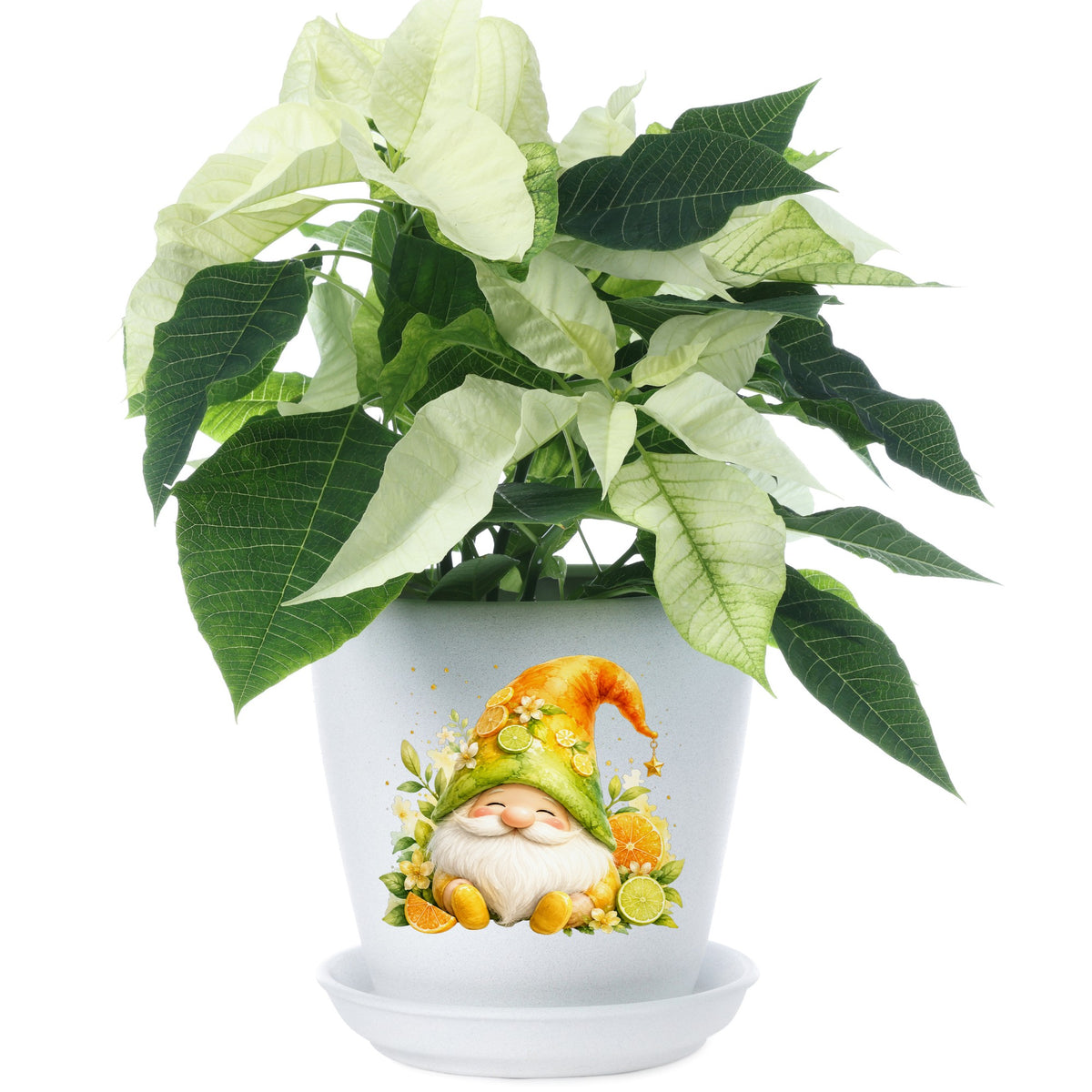 Citrus Gnome With Orange Slices UV DTF sticker applied to a white flower pot
