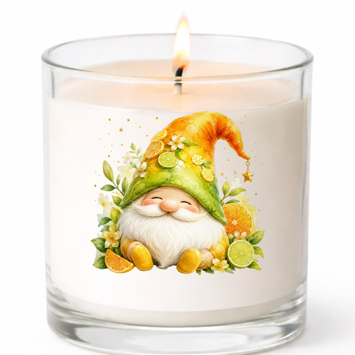 Citrus Gnome With Orange Slices UV DTF sticker applied to a white candle in a clear glass jar