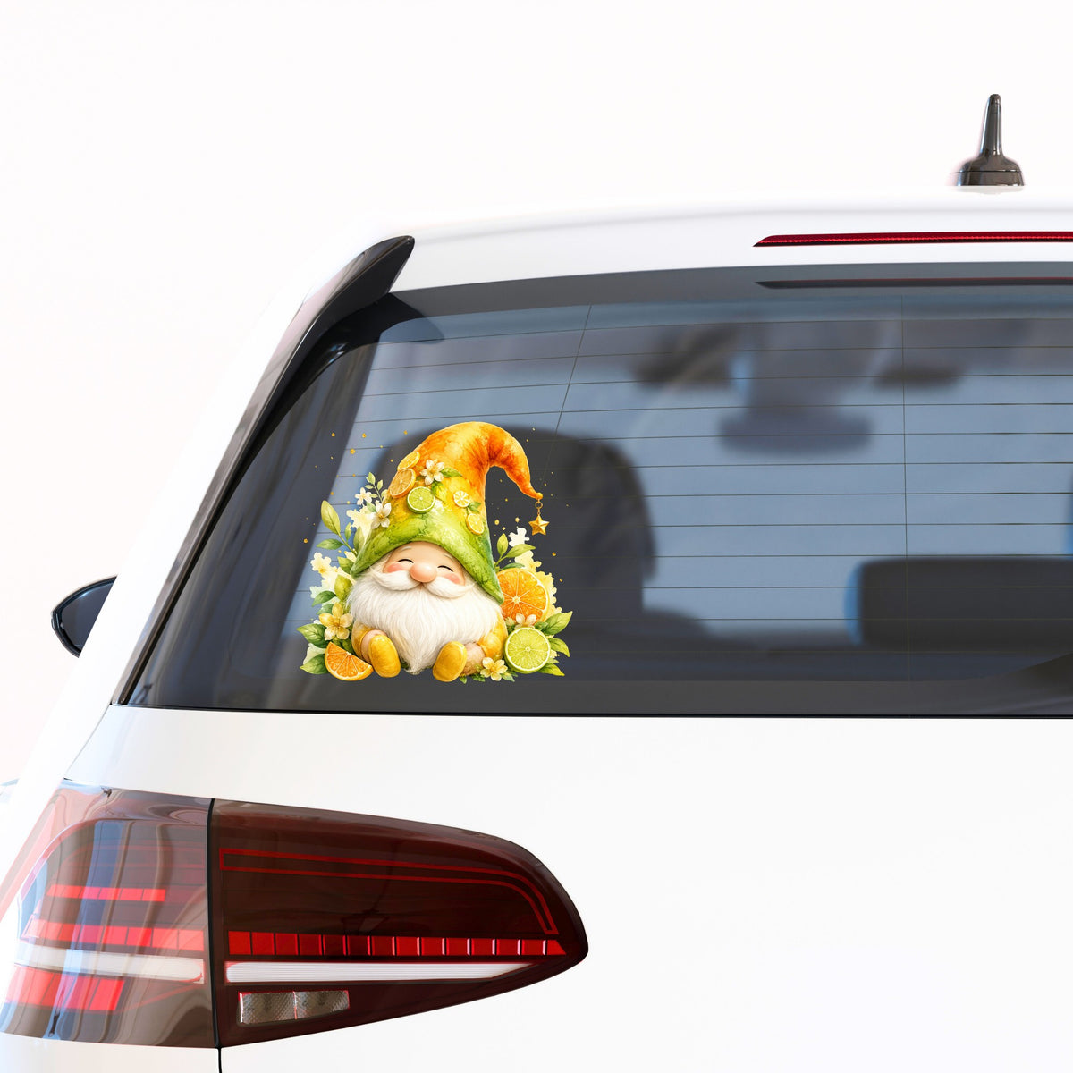 Citrus Gnome With Orange Slices UV DTF sticker applied to the rear window of a white car