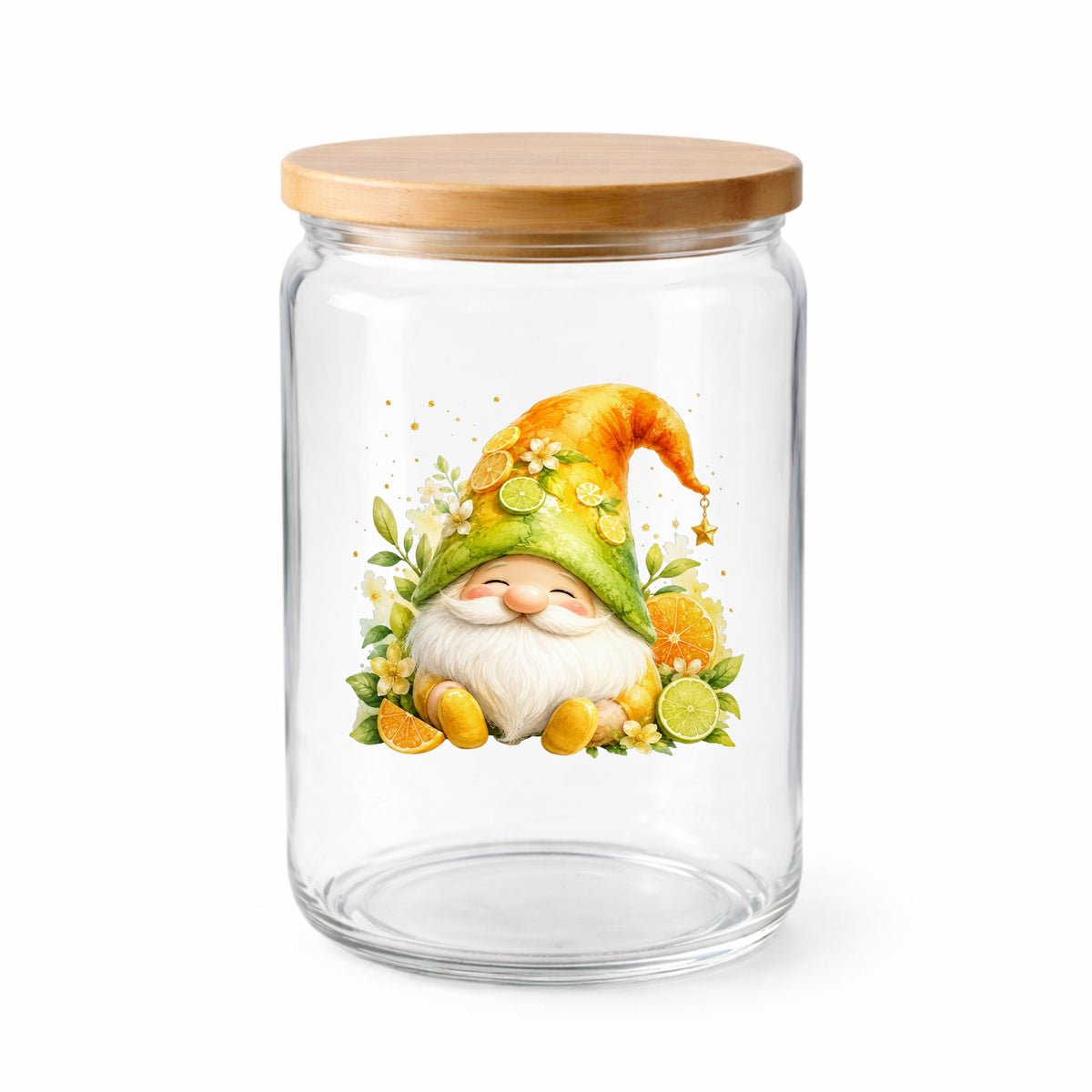 Citrus Gnome With Orange Slices UV DTF sticker applied to a clear glass jar with a wooden lid
